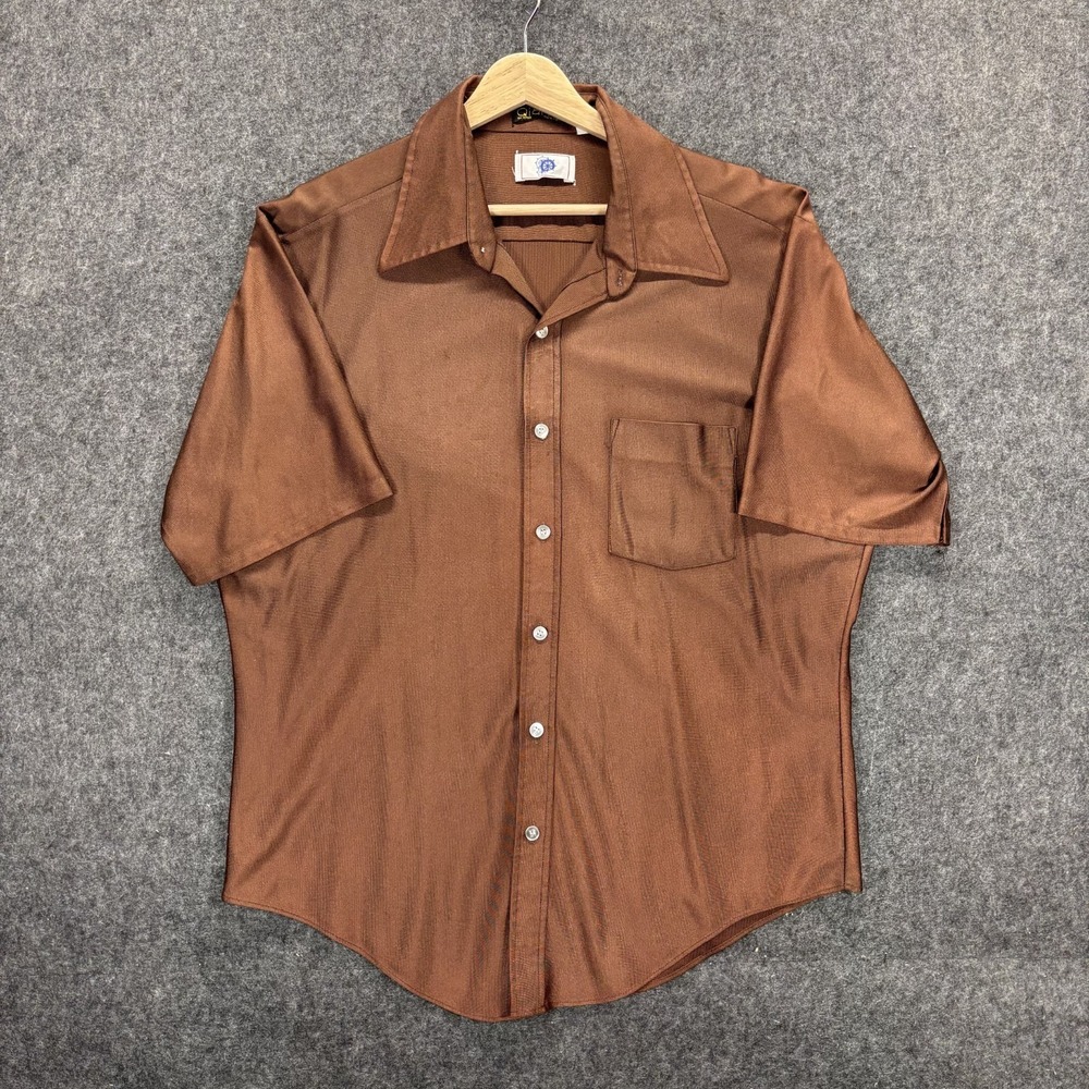 True Vintage 60s 70s Nylon Shirt Men's XL Short Sleeve Button Up Mod Brown USA